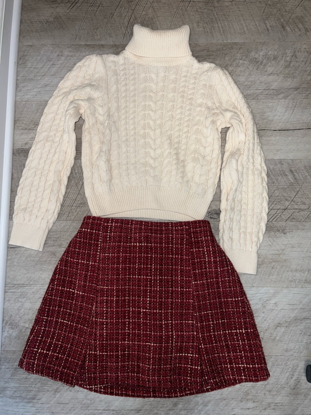 cupcakes & cashmere Cream Cable Knit Turtleneck & Red Tweed Skirt Set
